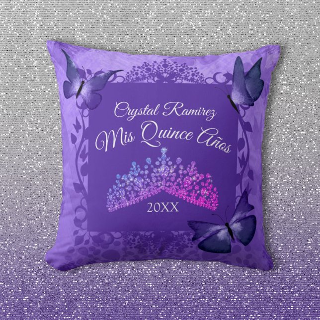 Almofada Borboletas roxas e Travesseiro de Tiara Quinceaner (purple quinceanera keepsake pillow purple butterflies purple decorative frame border pink tiara)