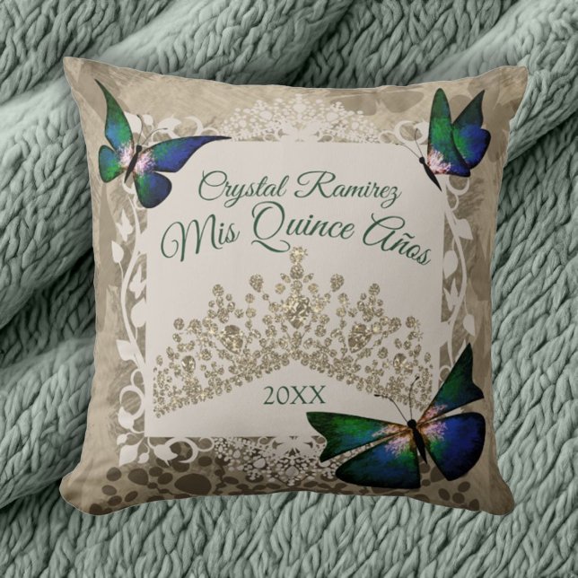 Almofada Borboletas Verdes, Dourada Tiara Quinceanera Trave (Vintage beige, green, gold quinceanera throw pillow, gold tiara crown and butterflies)