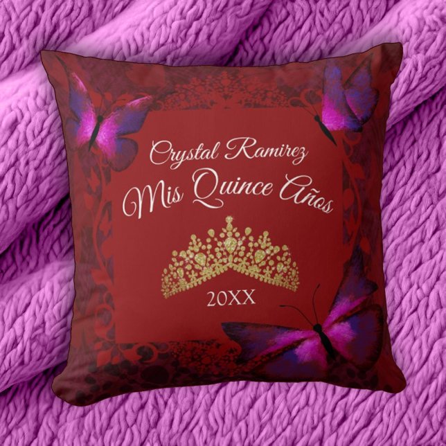 Almofada Borboletas Vermelhas, Dourada Tiara Quinceanera Tr (red and gold quinceanera throw pillow, mis quince keepsake, gift for red quinceanera theme)