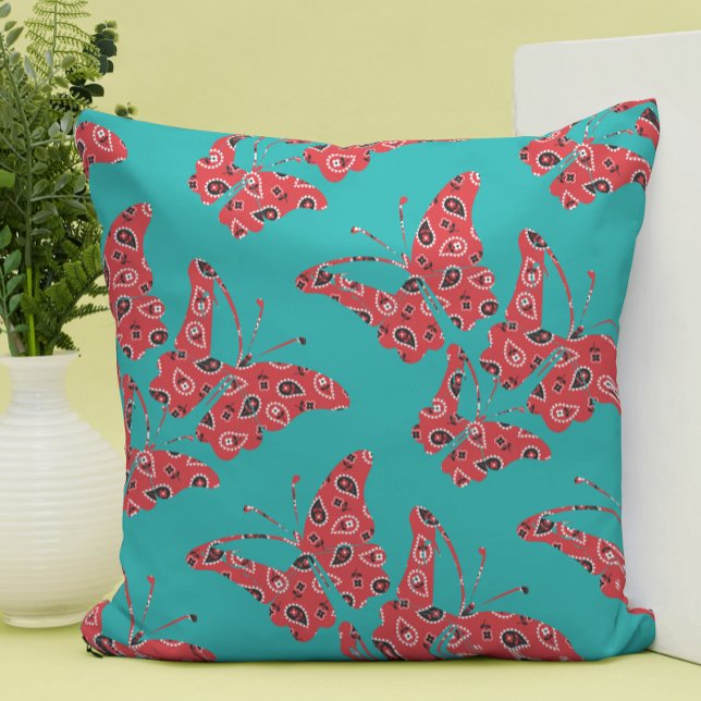 Almofada Borboletas Vermelhas e Turquoise Bandana (Criador carregado)