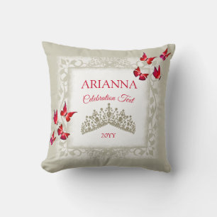 Almofada Borboletas Vermelhas Rubi, Tiara Dourada Champaign