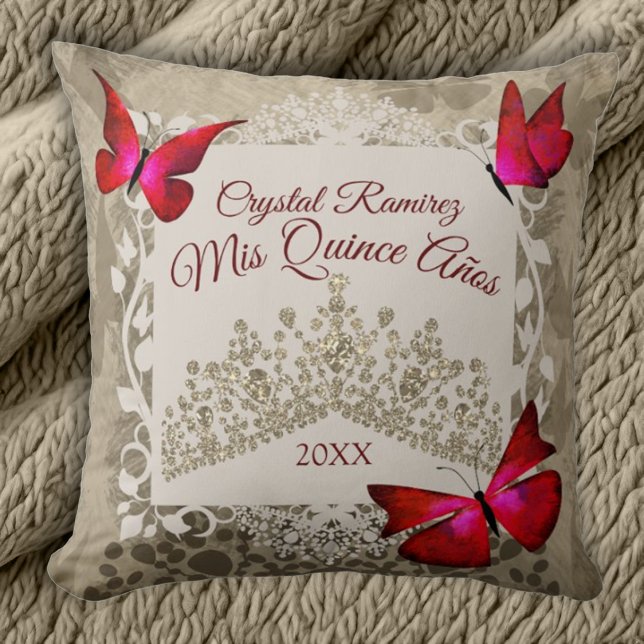 Almofada Borboletas Vermelhas, Taupe Tiara Quinceanera Trav (Beige and red quinceanera throw pillow, beautiful red butterflies and border, gold tiara)