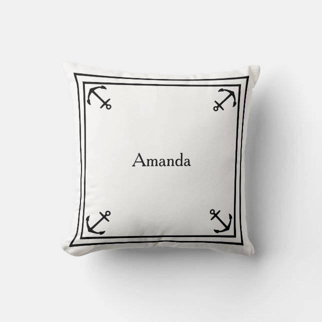Almofada Borda de Âncora Preta em Branco (Frente)