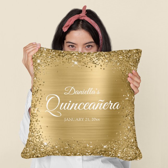 Almofada Borda Dourada quadrada e Foil Quinceañera (Birthday Gift for Your Daughter)