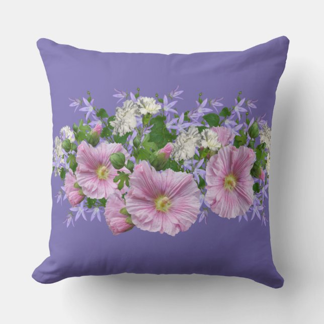 Almofada Borda Floral Hollyhocks no Fundo Periwinkle (Frente)