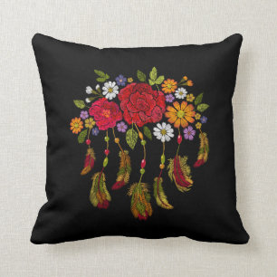 Almofada Bordado Boho Feather Red Yellow Floral Black