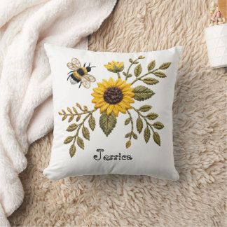 Almofada Bordado de Faux Girassol e Abelha