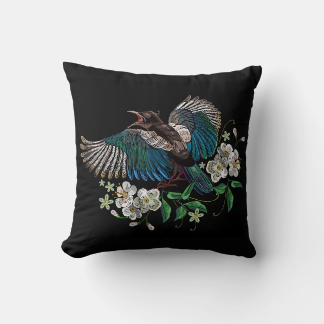 Almofada Bordado Design Magpie Bird Flor Branca Preto (Frente)