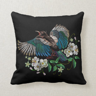 Almofada Bordado Design Magpie Bird Flor Branca Preto