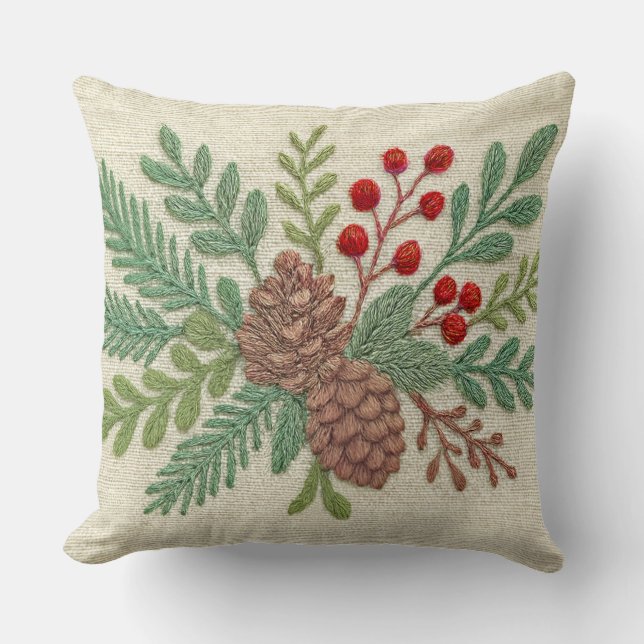 Almofada Bordados Natal Floral Sprig Pinecone Vermelho (Frente)