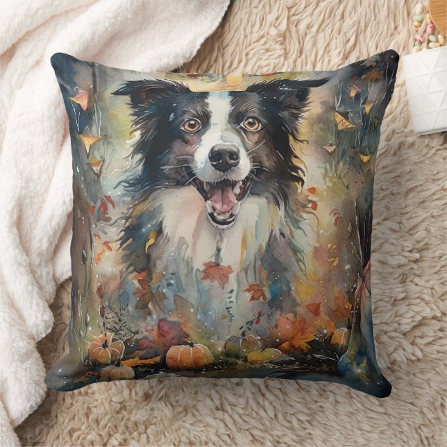 Almofada Border Collie de Halloween com Abóboras Assustador (Cobertor)