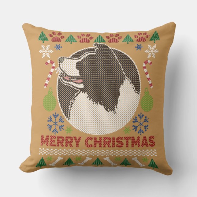 Almofada Border Collie Felry Christmas Ugly Sweater (Frente)