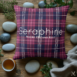 Almofada Bordô e Xadrez Azul-Marinho | Tartã Aconchegante P