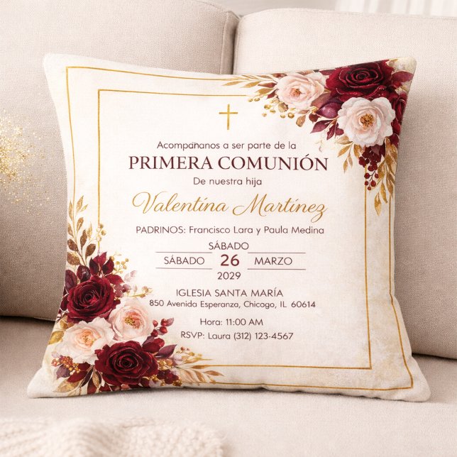 Almofada Borgonha e Dourado Floral Primeira Comunhão (Criador carregado)