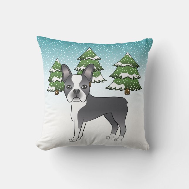 Almofada Boston Terrier Branco e Azul em uma Floresta de In (Frente)