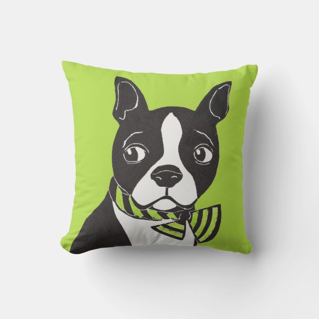 Almofada Boston Terrier com o travesseiro verde do fundo (Frente)