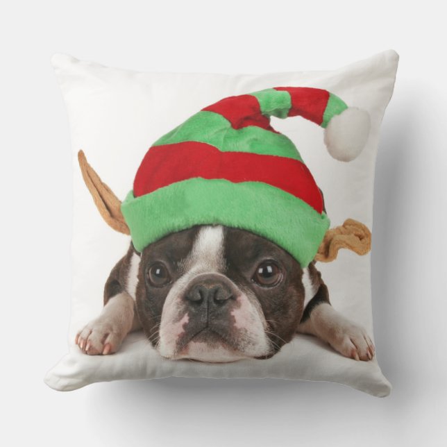 Almofada Boston Terrier com um chapéu do Natal (Frente)
