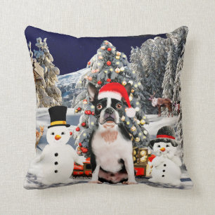 Almofada Boston Terrier Dog em Luzes de Natal em Neve