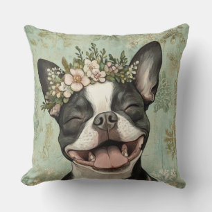 Almofada Boston Terrier Dog Green Floral