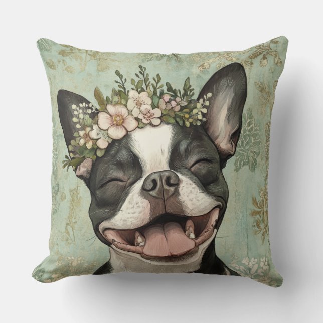 Almofada Boston Terrier Dog Green Floral (Frente)