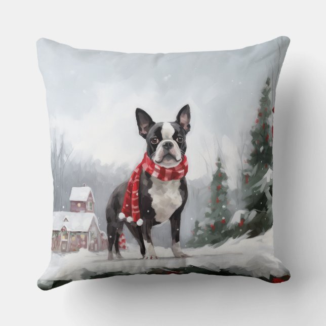 Almofada Boston Terrier Dog no Natal da neve (Verso)