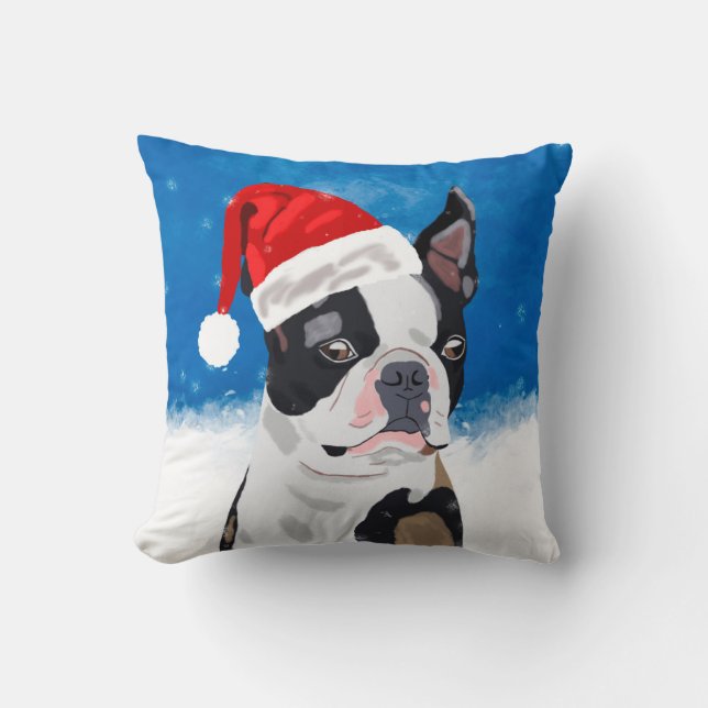 Almofada Boston Terrier Dog no Natal da Neve Feriado Feliz (Frente)