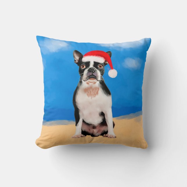 Almofada Boston Terrier Dog No Natal Da Praia (Frente)