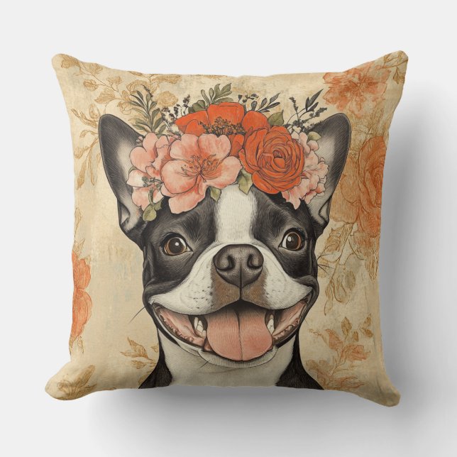 Almofada Boston Terrier Dog Orange Floral (Frente)
