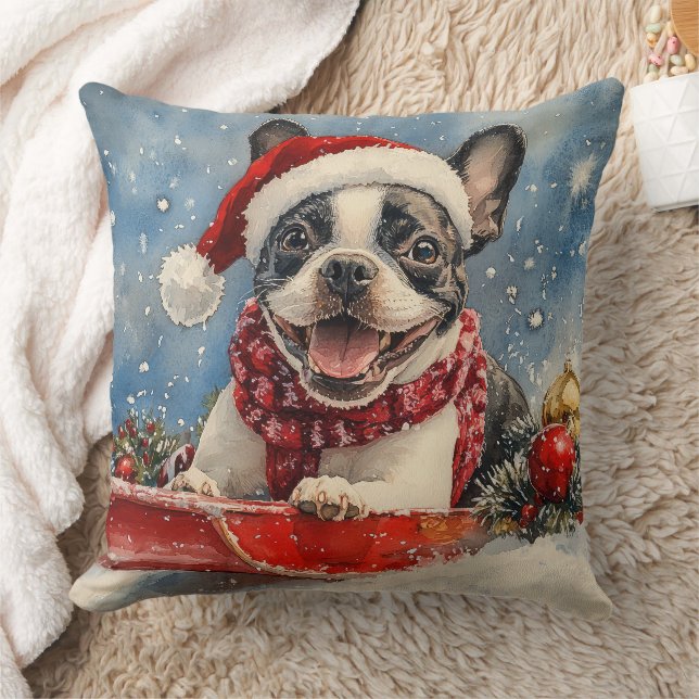 Almofada Boston Terrier Dog Sledge Deixe-o nevar no Natal (Cobertor)