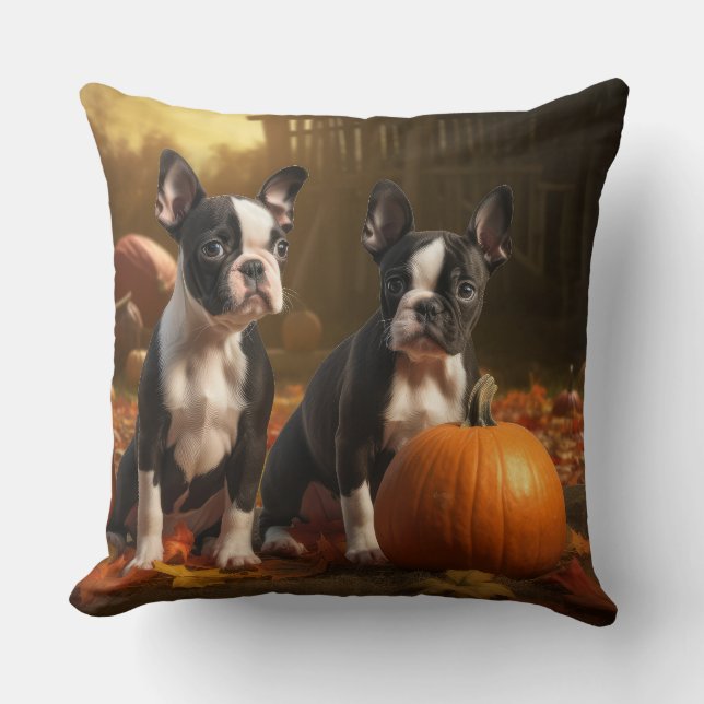 Almofada Boston Terrier Puppy Autumn Delight Pumpkin (Frente)