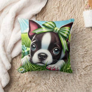 Almofada Boston Terrier Puppy com Arco Verde