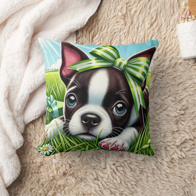 Almofada Boston Terrier Puppy com Arco Verde (Cobertor)