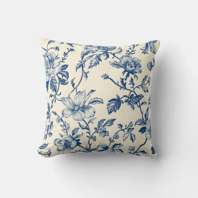 Almofada Botânica Blue Chinoiserie Floral Vintage (Frente)