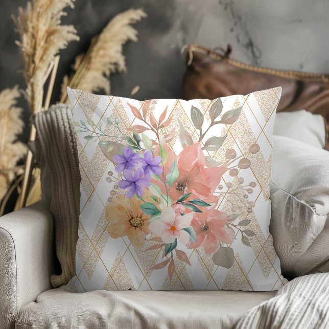 Almofada Botânica Moderna com Glitter Chevron Branco (Criador carregado)