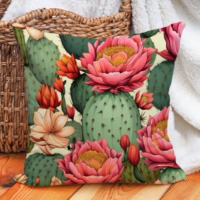 Almofada Botânica Suculenta do Deserto de Cactus no Sudoest (Pink floral and cactus pillow)