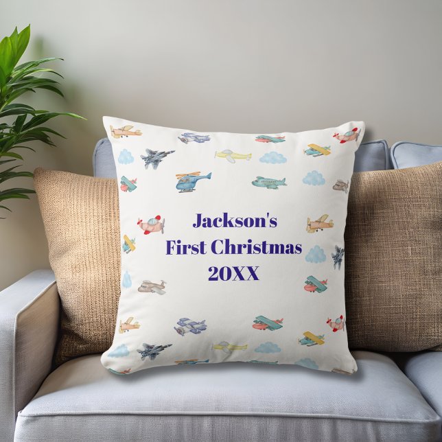 Almofada Boy First Christmas Watercolor Airplanes Clouds (Criador carregado)