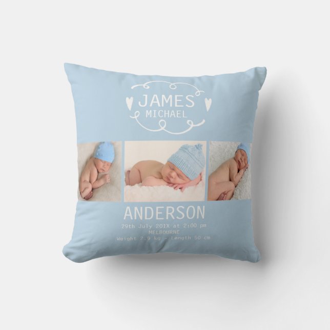 Almofada Boys Light Blue Photo Birth Announement Cushion (Frente)