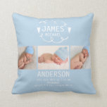 Almofada Boys Light Blue Photo Birth Announement Cushion<br><div class="desc">Esta almofada de anúncio de nascimento apresenta uma espiral desenhada à mão e um motivo de coração num fundo azul de bebê. Há espaço para três fotografias do seu filho. Cartões e cartões de fotos semelhantes de anúncio de design estão disponíveis na loja. Se você precisar de um esquema ou...</div>