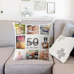 Almofada Branca de colagem de fotos personalizada de aniver<br><div class="desc">Um presente único para um aniversário de 50 anos (ou qualquer idade), celebrando sua vida com uma colagem de 8 fotos, fotos. Personalize e adicione seu nome, 50 anos e uma data. Um fundo branco chic. Cinzas e letras e números negros. O nome é escrito com um moderno estilo escrito...</div>