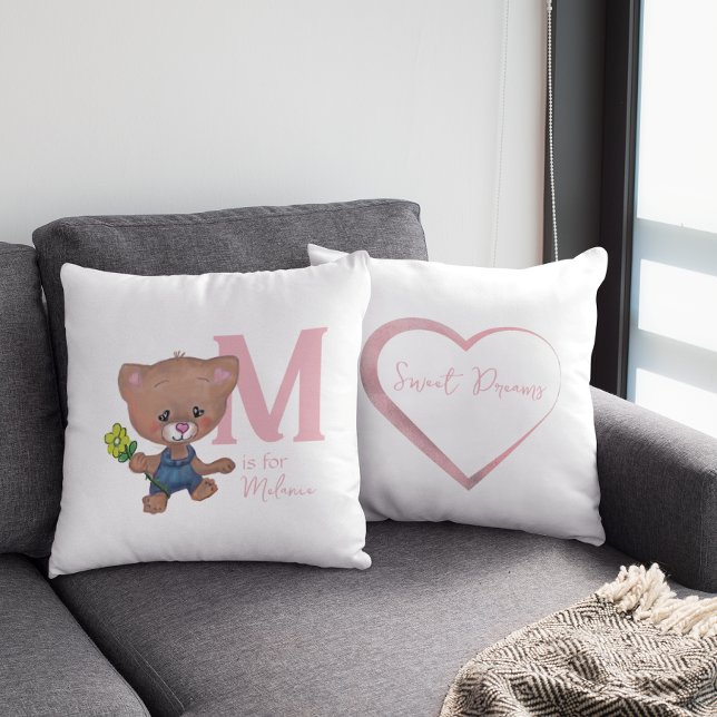Almofada Branca rosa-rosa-bebê Urso-de-Corte (Cute Teddy bear white flower Throw Pillow)