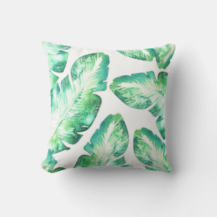 Almofada Branco de Praia e Folhas de Palmeira Tropical Verd