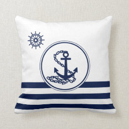 Almofada Branco e Azul Marítimo, Âncora e Roda do Navio
