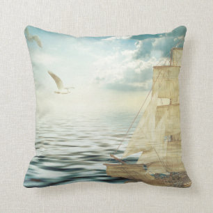 Almofada Brigantine Saiboat e gaivotas