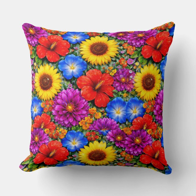 Almofada Bright Floral Pattern Sunflower, Poppy & Daisies (Frente)