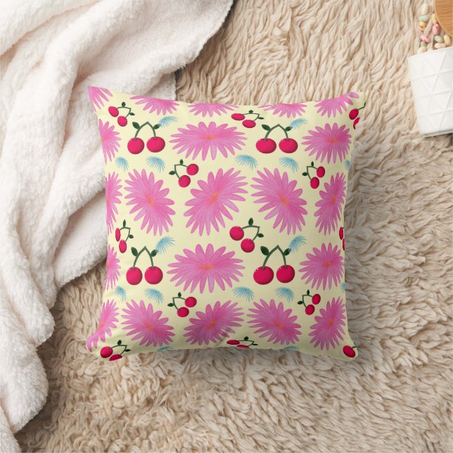 Almofada Bright Pink Floral Cherry Pattern | Cute Kawaii  (Cobertor)