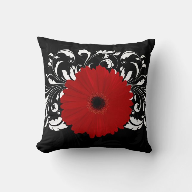 Almofada Bright Red Gerbera Daisy em Preto (Frente)