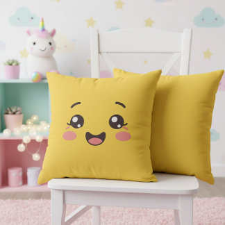 Almofada Bright Yellow Kawaii Smiling Face Throw Pillow