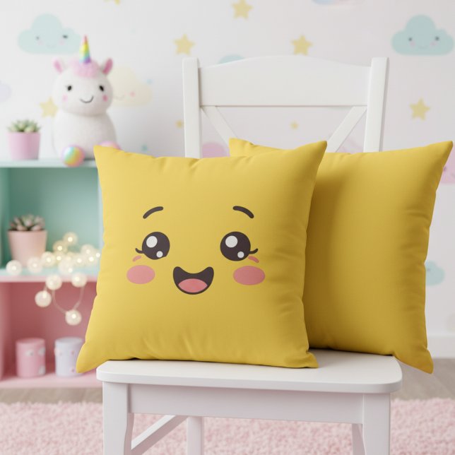 Almofada Bright Yellow Kawaii Smiling Face Throw Pillow (Bright yellow kawaii throw pillow for a nursery full of joy.)
