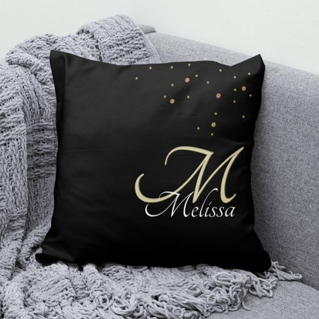 Almofada Brilhante Dourada Esmaecida + Monograma Dourado em (Gold Monogram Pillow with Your Name and Faux Gold Glitter Confetti)