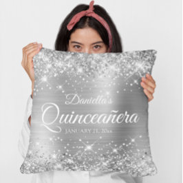 Almofada Brilhante Glitter e Folha de Quinceañera Prateada